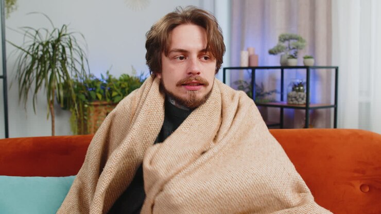 Uomo caucasico malato, avvolto in un plaid, seduto e tremante dal freddo, beve caffè caldo o tè a casa.