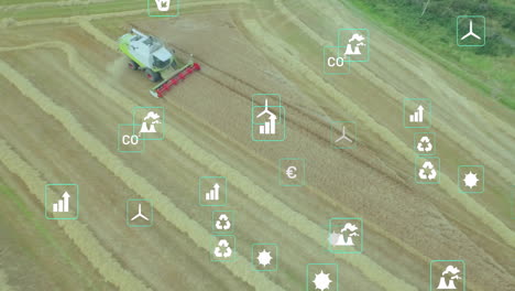 agricultural machinery harvesting field with environmental impact icons animation