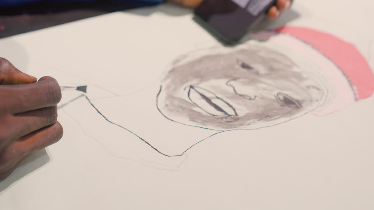 Vibrant sketch with joyful tone. Cheerful portrait showing face outlined with decorative dots and lines. Artistic depiction capturing happiness and unity through dotted outline and warm colors