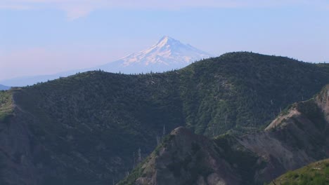 A-snowcapped-mountain-rises-above-a-forest-at-Mt-St-Helens-National-Park-1