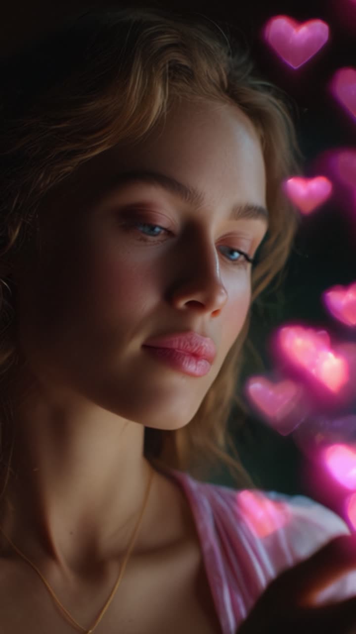 Una giovane donna circondata da luci a forma di cuore, che cattura un momento di riflessione ed emozione in un'atmosfera morbida e romantica piena di calore e bellezza