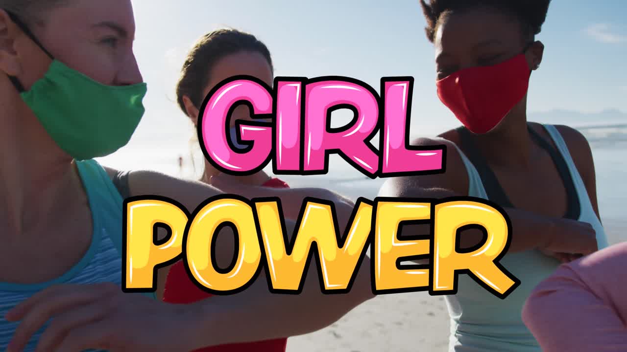 animación del texto del poder de las niñas sobre mujeres diversas con máscaras faciales en la playa