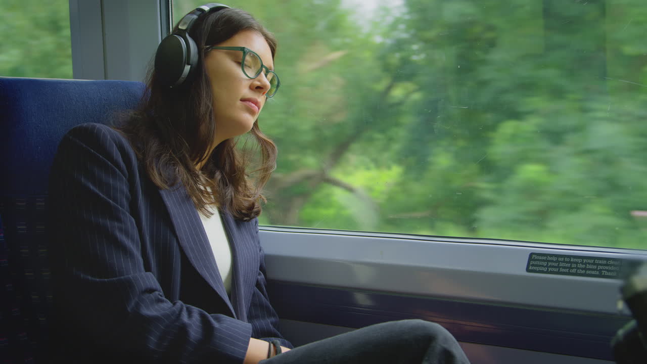 Businesswoman With Takeaway Coffee Wearing Wireless Headphones Commuting To Work On Train