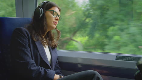 businesswoman with takeaway coffee wearing wireless headphones commuting to work on train