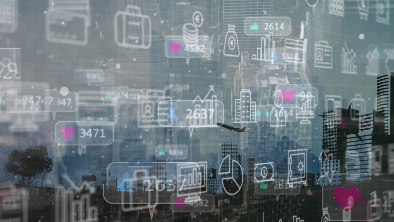 Animation of data processing over cityscape