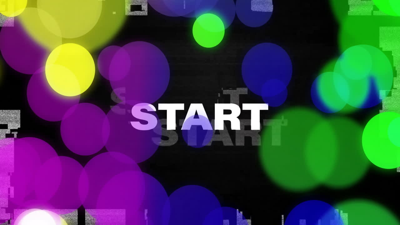 Colorful bokeh lights animation over glitchy text Start on dark background