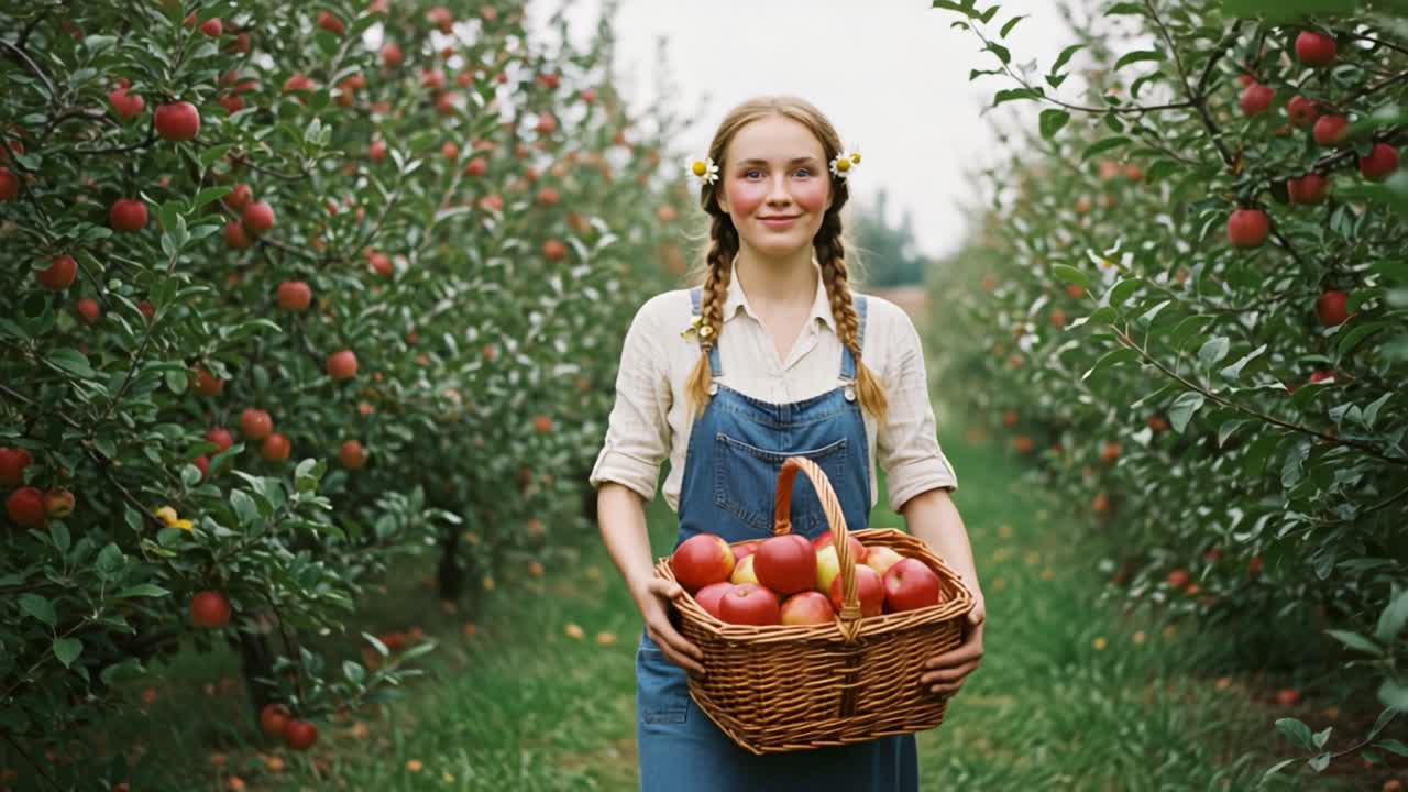 A Young Woman Joyfully Collecting Apples in a Vibrant Orchard, Showcasing the Beauty of Nature and the Fruits of Harvest Amidst Lush Greenery