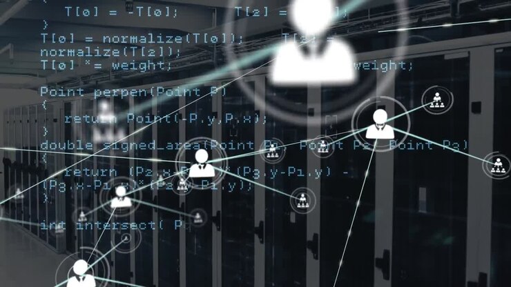 Animation of network of connections with icons over server room and data processing