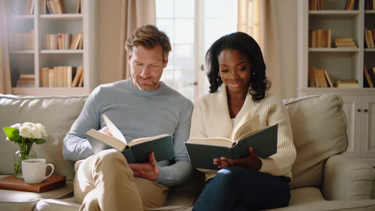 Glancing man catching woman's look, woman in cream knit reading books on living room sofa together