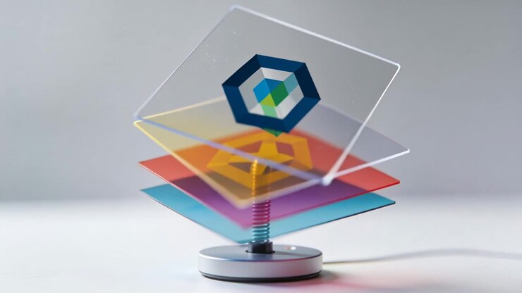 Rotating display on studio table, cord powering base, spring fanning CMYK sheets showing hex logo