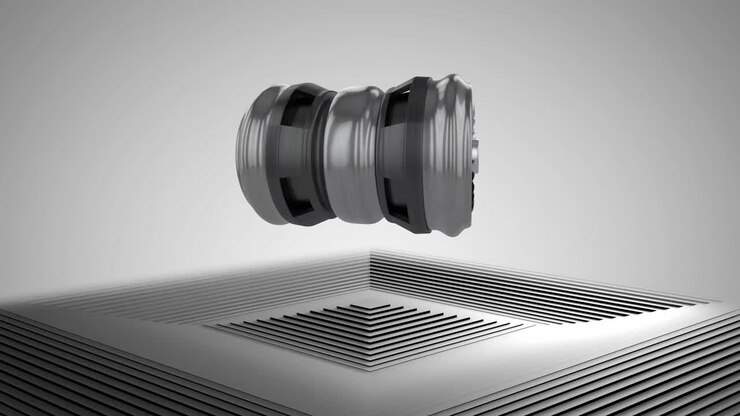 Animation of jet engine over moving grey square surface with grey background