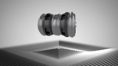 animation of jet engine over moving grey square surface with grey background