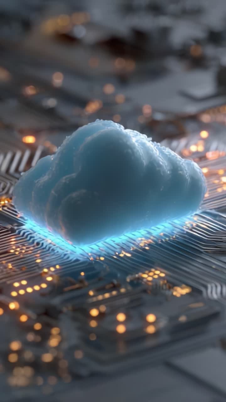 Futuristic Vision of Cloud Technology: A Surreal Representation of Cloud Storage Merging with Circuit Board Patterns and Glowing Elements