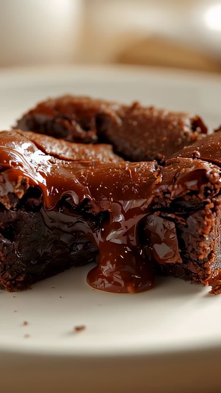 Vertikal video: Lava brownie som rives og viser smeltet kjerne som renner utover en hvit tallerken, med smuler