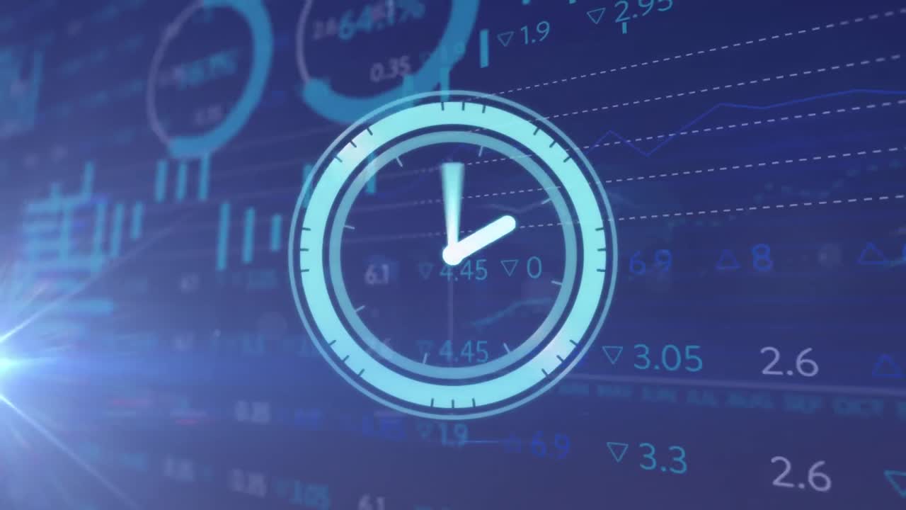 Animation of clock moving fast and data processing on blue background