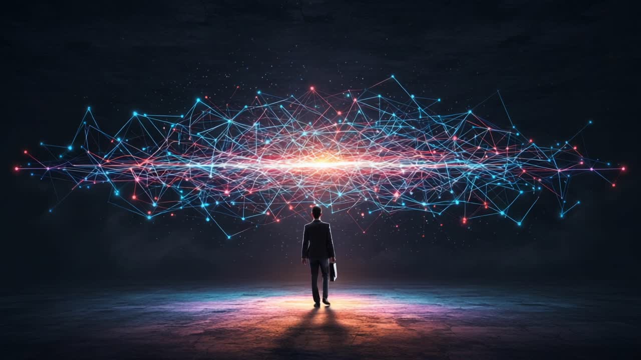 A Business Professional Contemplates the Infinite Possibilities of Data Through Abstract Connections in a Dark, Futuristic Environment
