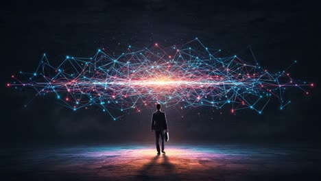 a business professional contemplates the infinite possibilities of data through abstract connections in a dark, futuristic environment