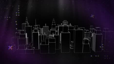 animation of 3d cityscape with markers on black background