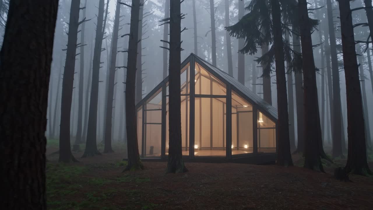 Enigmatic cabin emerges through misty forest, showcasing warm lights and modern architecture, creating a serene atmosphere amidst towering trees and fog