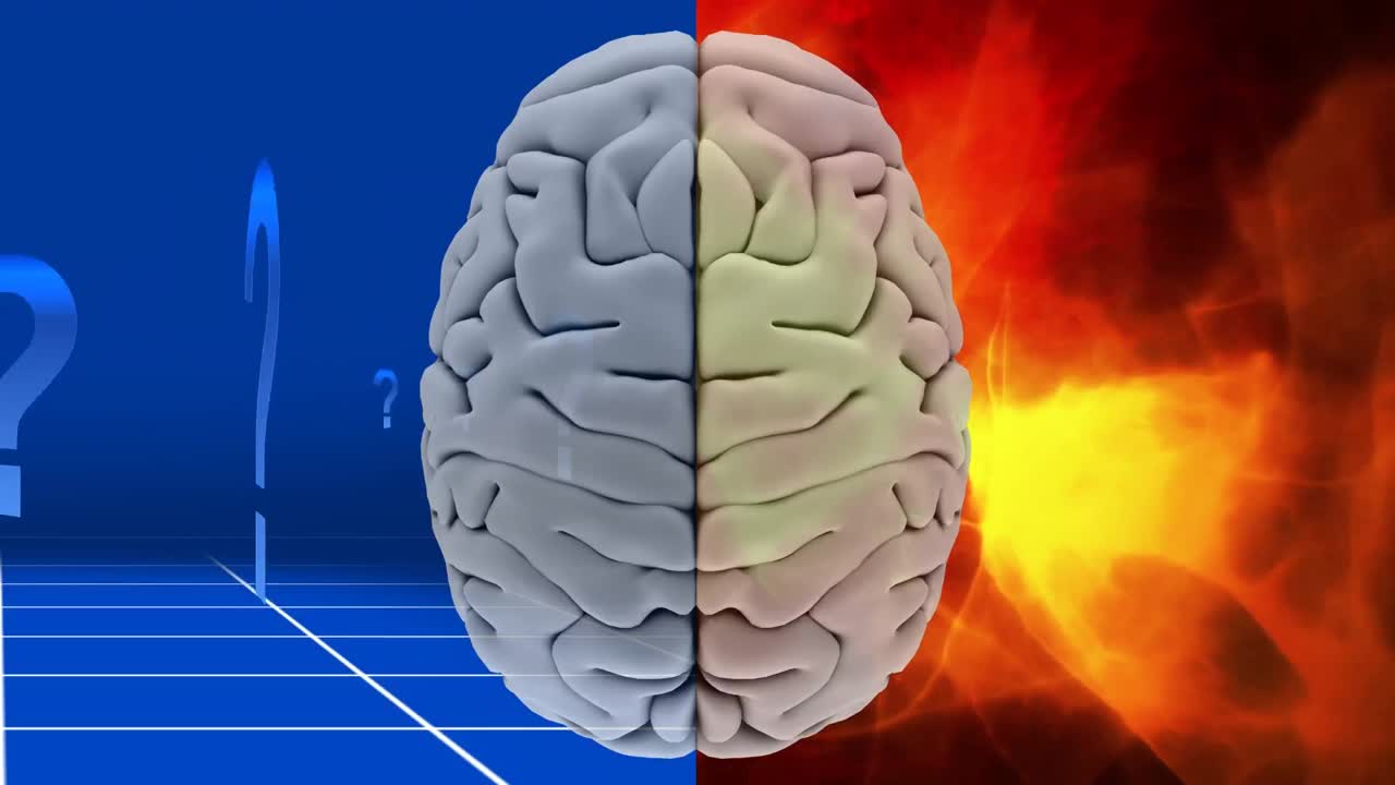 질문표와 오렌지색 추상적인 배경으로  ⁇  뇌