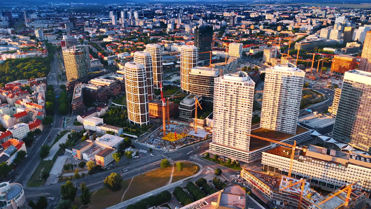 Bratislava modern skyline. Modern skyscrapers shape Bratislava's skyline, showcasing architectural progress in Slovakia's capital