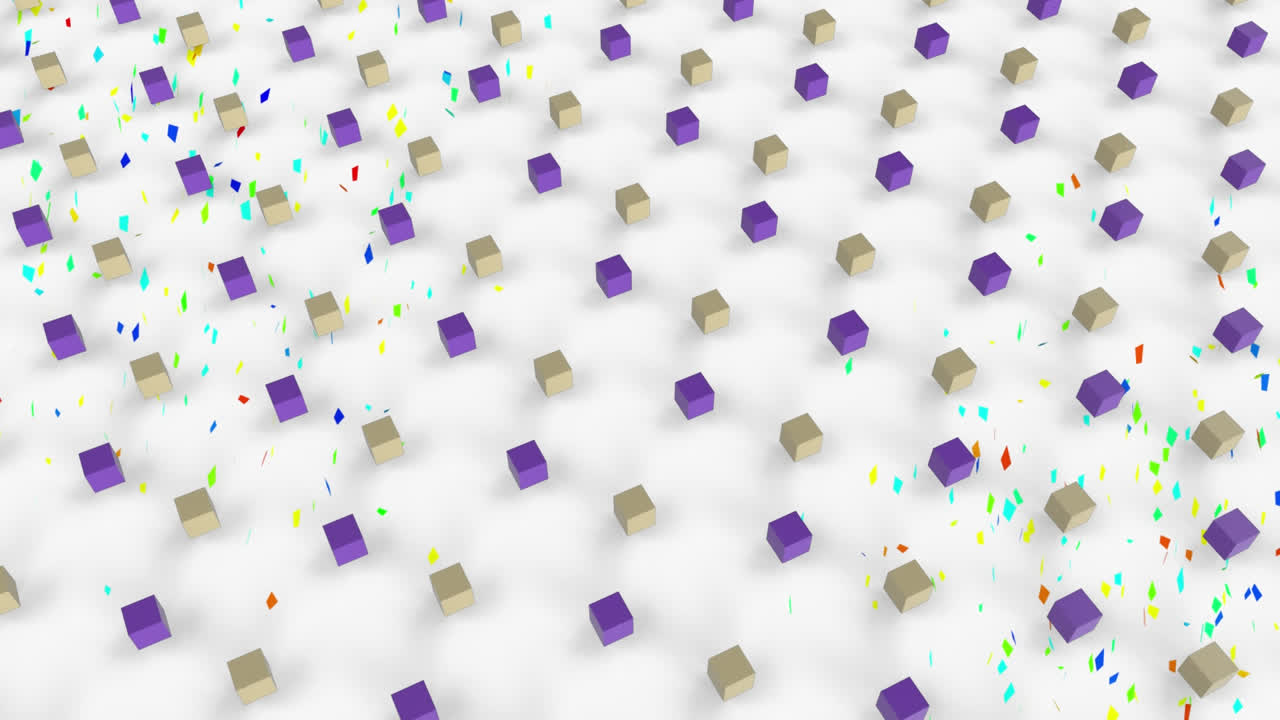 색 배경 위에 다채로운 기하학적 및 콘페티가 떨어지는 모양의 애니메이션