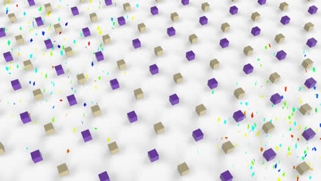 Animation of colorful geometrical and confetti falling shapes over white background