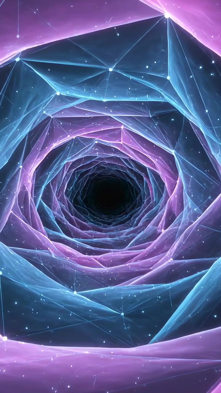 Vertical video: Camera pushing, polygonal spiral tunnel spinning in portal toward void with nodes