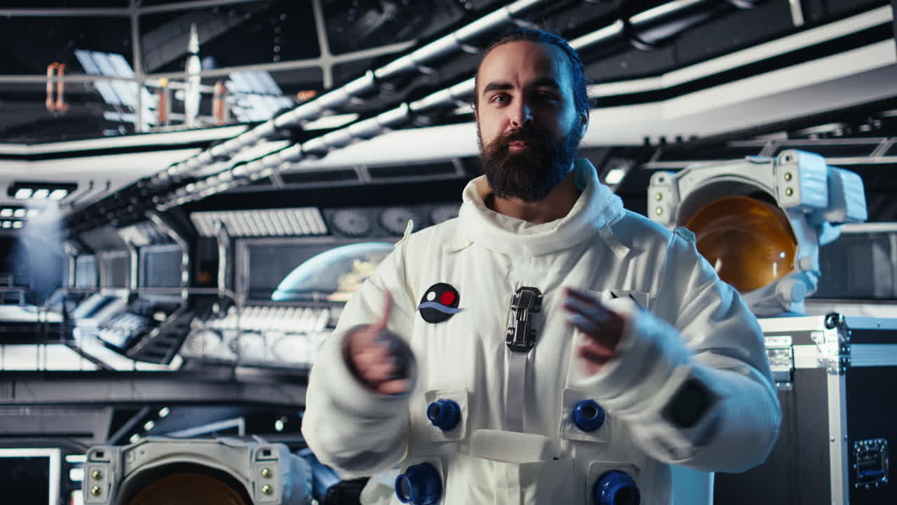 Cheerful astronaut doing videocall with Earth command center from orbit station