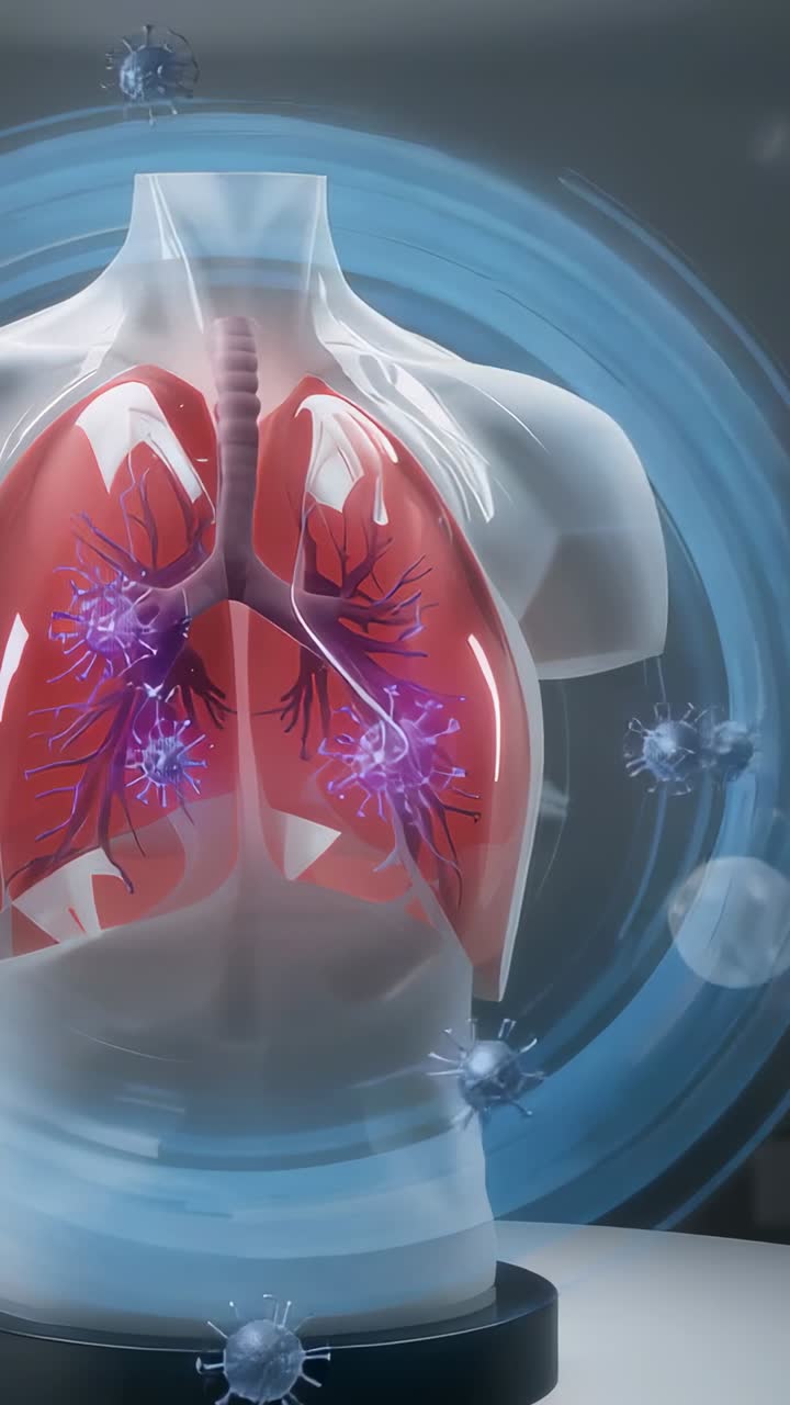 Video verticale: Sfere fluttuanti che entrano in vista verso un busto su un tavolo, creando una proiezione viola di un polmone per la dimostrazione