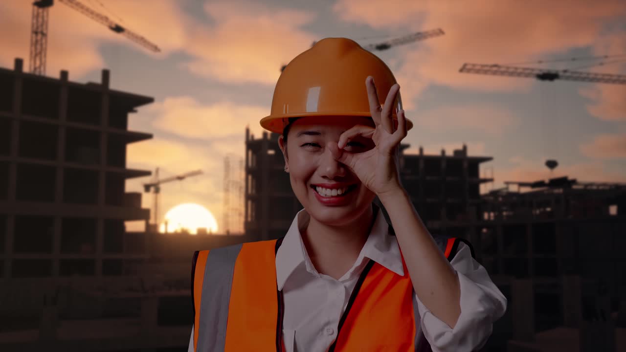 Close Up Of Asian Female Engineer With Safety Helmet Showing Ok Hand Sign Over Eye And Smiling To Camera While Standing At Construction Site in Progress to New House