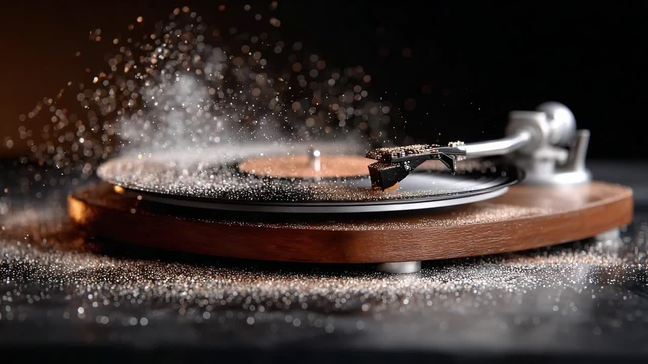 Capturing the Essence of Analog Music: A Turntable in Motion with Dust Particles Dancing Around Its Groove and Stylus, Evoking Nostalgia and Warmth