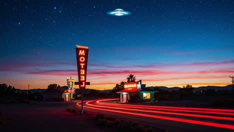 mysterious ufo captured over abandoned motel amidst a starry twilight sky, shedding light on a unique moment in an otherworldly scene