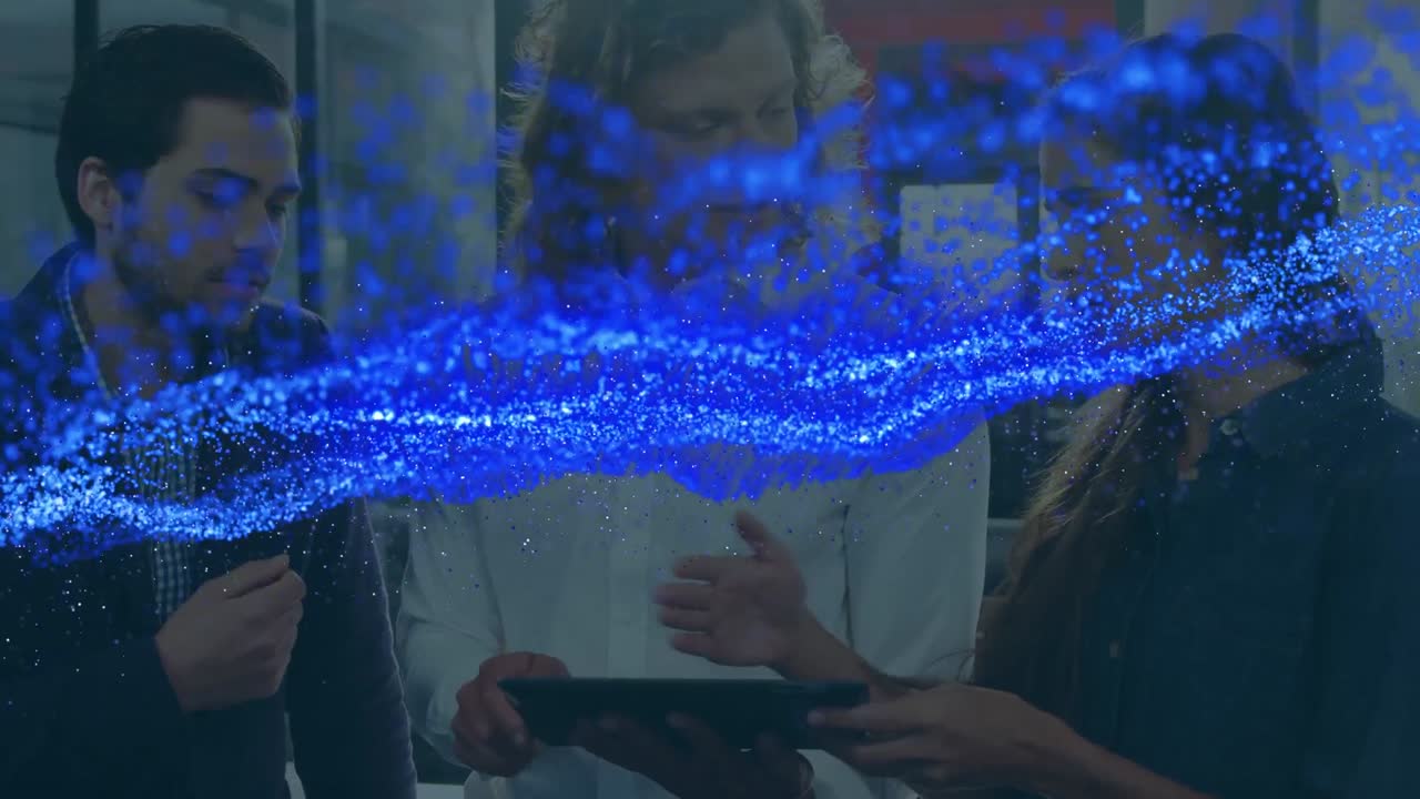 animación de la ola azul sobre la gente de negocios hablando