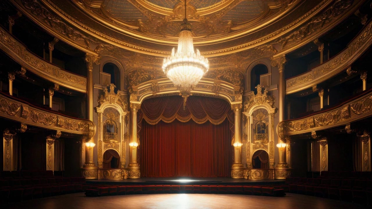 Großes, prunkvolles Theaterinterieur mit roten Vorhängen und Kronleuchter