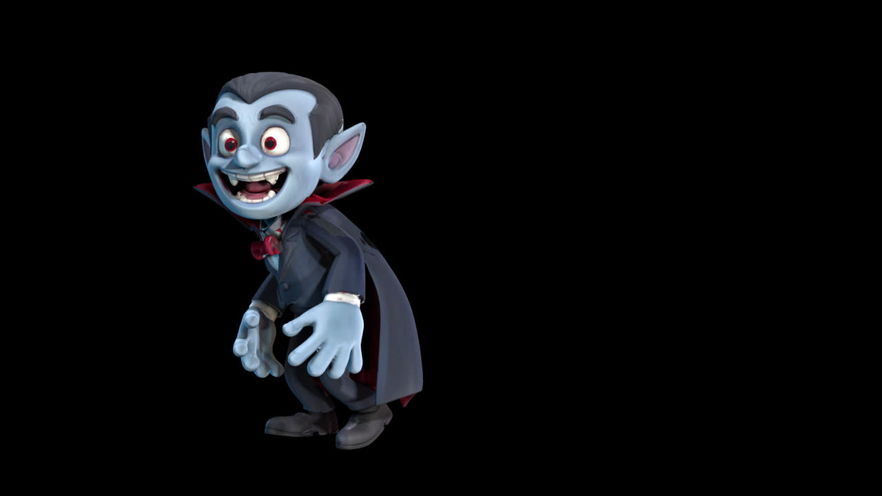 Personaggio vampiro dei cartoni animati giocoso che fa gesti birichini