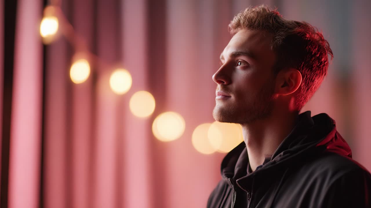 A contemplative young man stands against a softly lit backdrop adorned with glowing lights, reflecting a moment of introspection and serenity, capturing the essence of quiet contemplation in a cozy atmosphere
