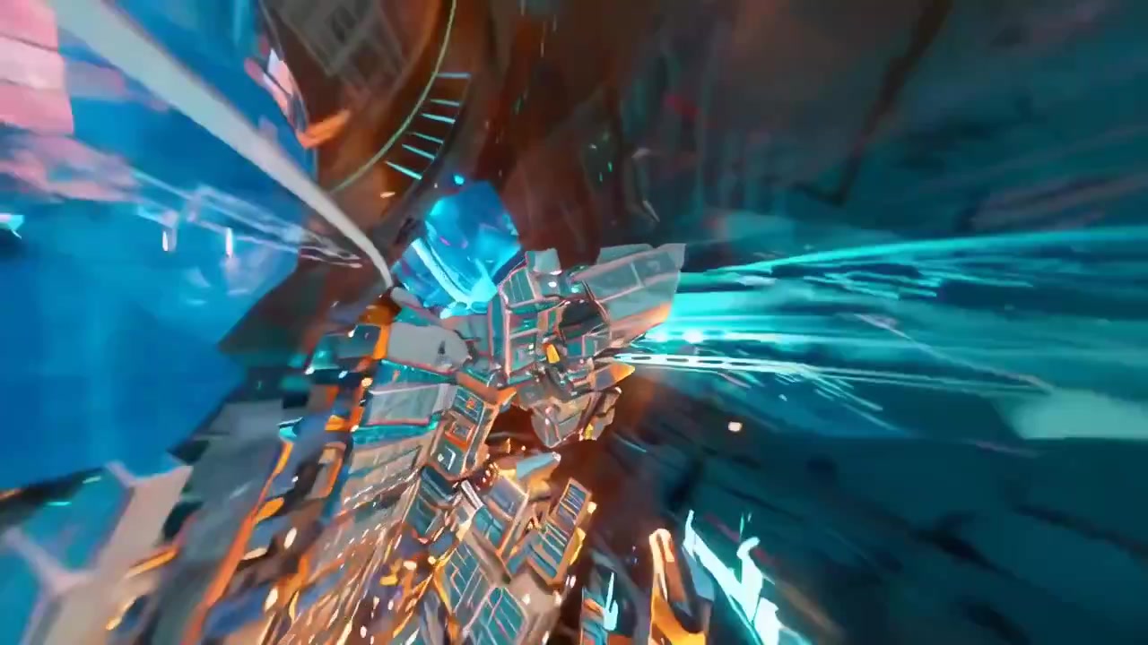 Fast Travel Through a Futuristic Digital Cyberspace Tunnel with Glowing Lights