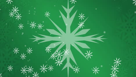 animación de nieve cayendo sobre copos de nieve en navidad, sobre un fondo verde