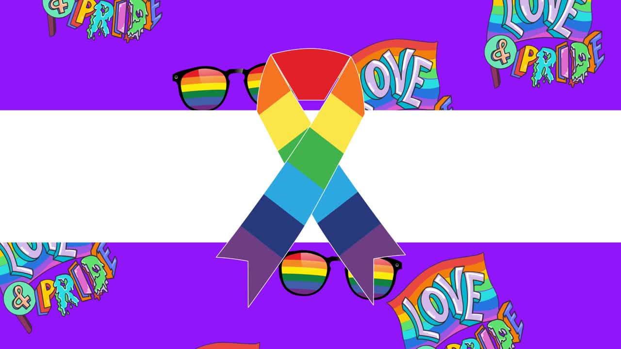 animación de cinta de arco iris sobre fondo púrpura con textos de amor y orgullo