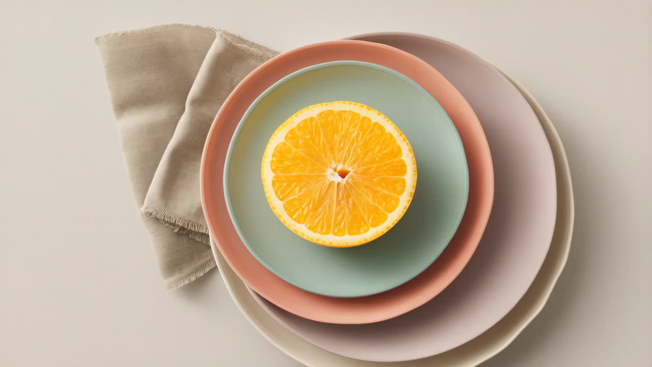Orange Slice on Stacked Pastel Plates with Napkin