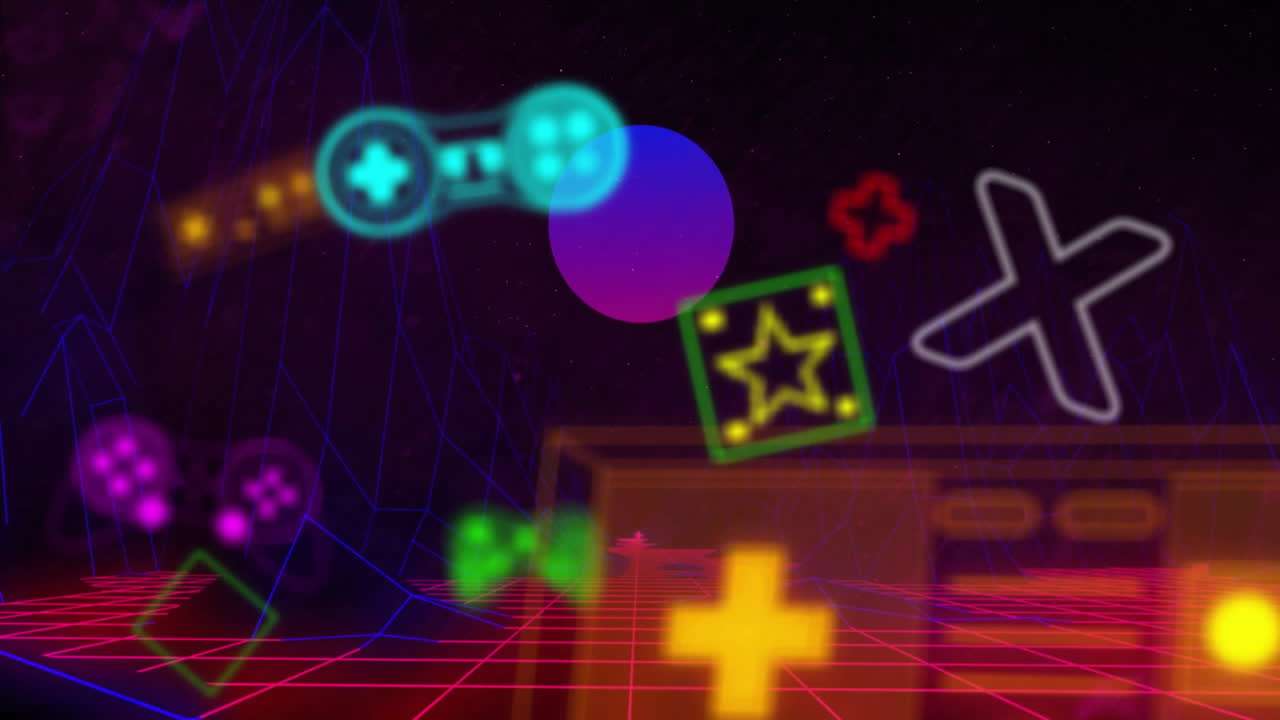Animation of neon gaming icons over digital mountains and sun