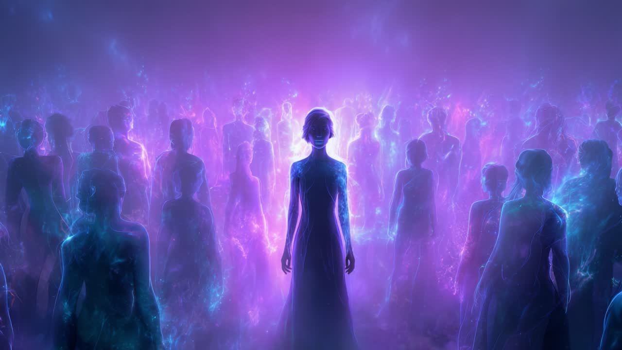 An ethereal figure stands in a mesmerizing scene surrounded by a multitude of shimmering silhouettes, all enveloped in a mystical play of colors, creating a dreamlike atmosphere filled with otherworldly charm and intrigue