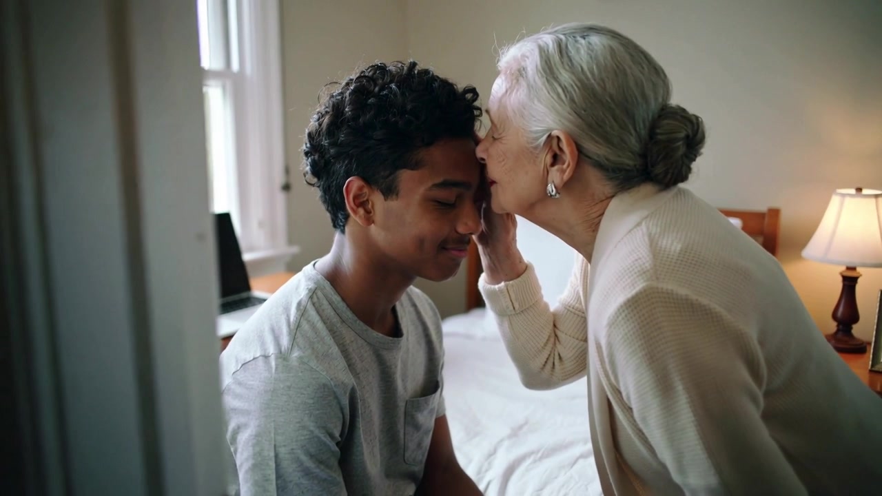 Leaning grandma placing forehead kiss on grandson in bedroom by lamp, cupping cheek
