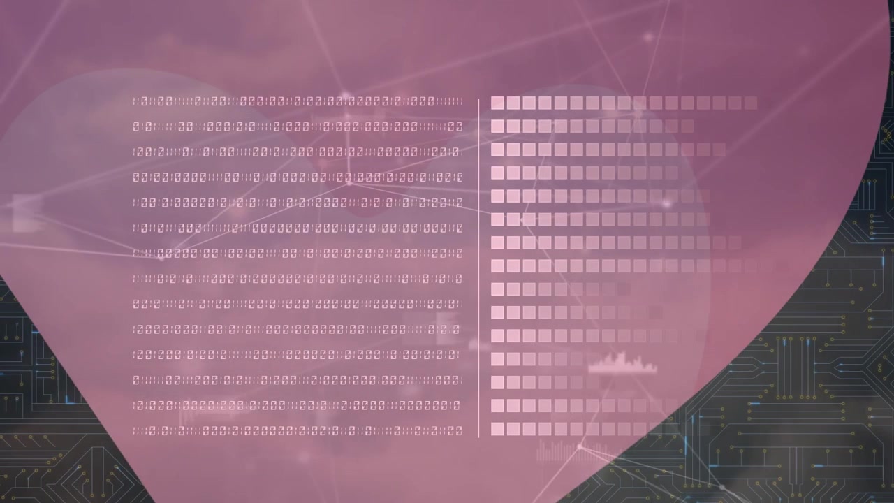 Animation of data processing and network of connections over shapes and computer circuit board