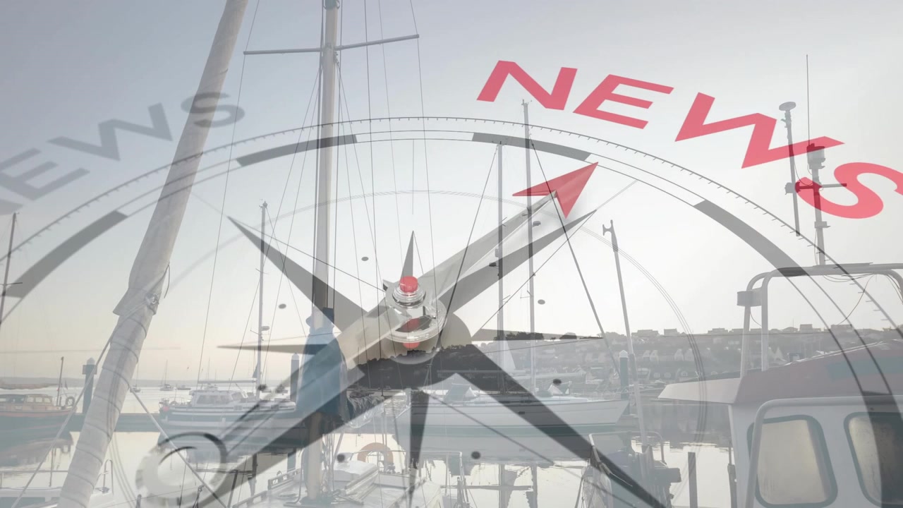 Opening dawn marina showing compass fading rotating clockwise and arrow sweeping spelling NEWS