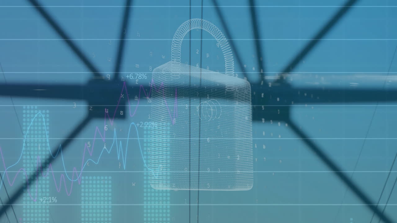 불분명한 산업 배경 위에 애니메이션 잠금 및 금융 그래프