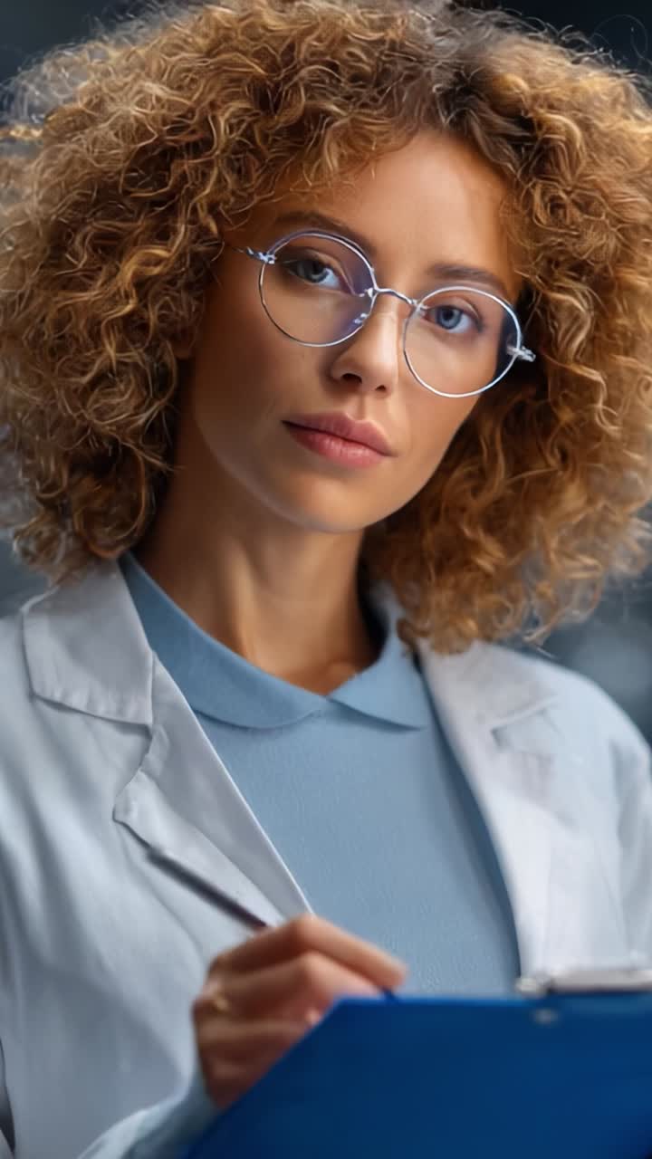 Un chercheur concentré en blouse blanche prenant des notes avec un presse-papiers, mettant en valeur le professionnalisme et le dévouement dans un environnement scientifique moderne