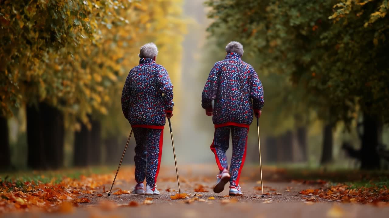 Two individuals, dressed in matching colorful outfits, engage in a leisurely walk along a tranquil, leaf-strewn path surrounded by golden autumn trees, showcasing companionship and active lifestyle