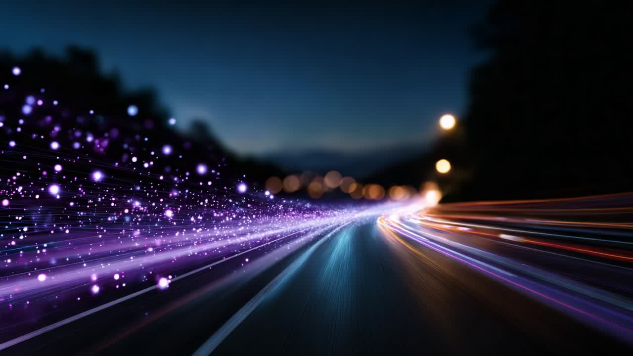 A Captivating Journey Through Light Trails at Dusk: An Ethereal Display of Colorful Motion with a Mix of Vibrant Particles and Glimmering Reflections along a Twisting Roadway Bathed in Evening Glow